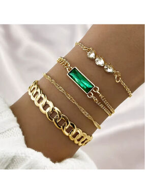 Gold Tone Bohemia Layered Bracelet Set Green & White Zirconia Crystal NWT